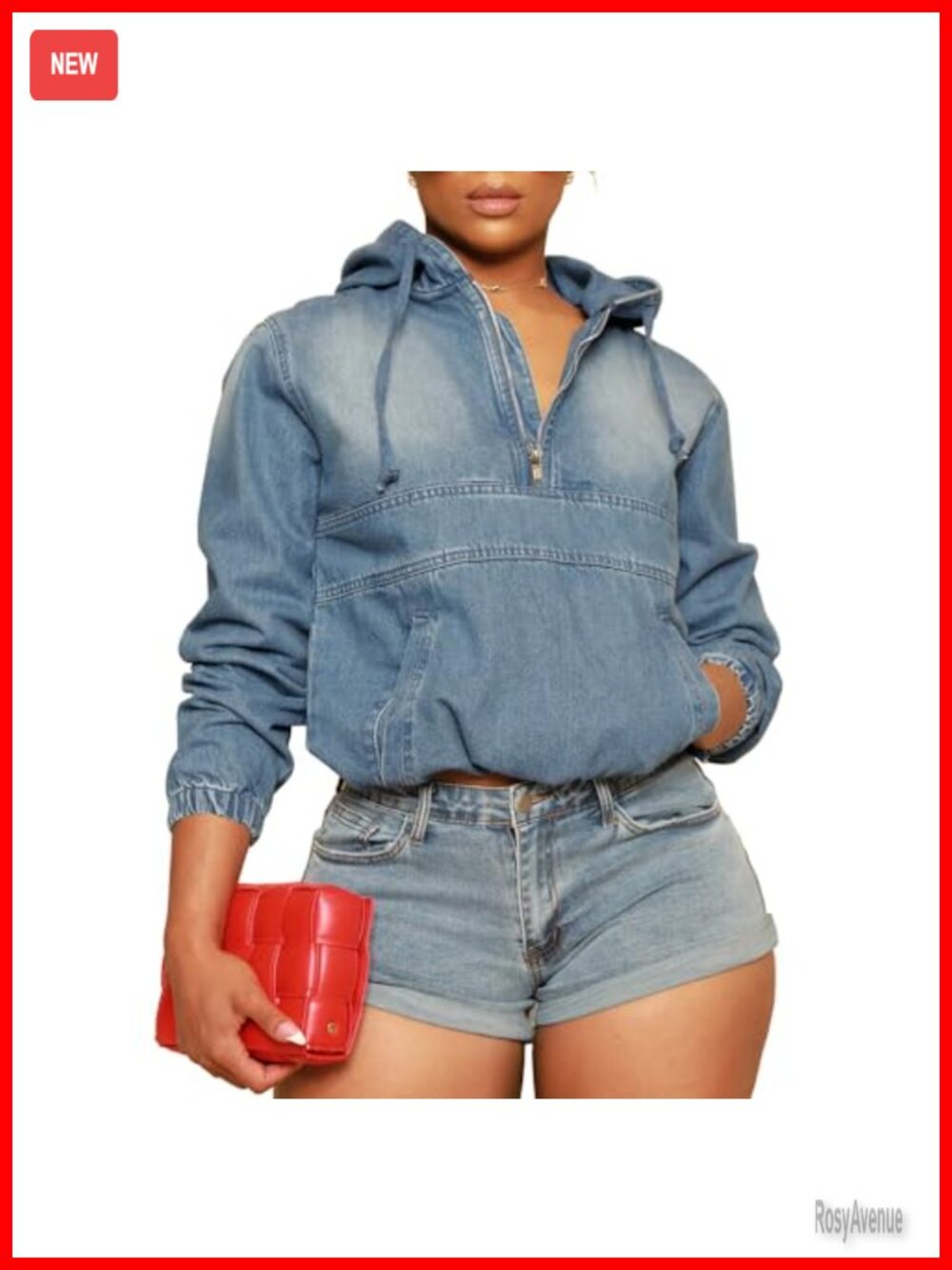 Half Zip Denim Hoodie Pullover Jacket Lightweight Jean Top